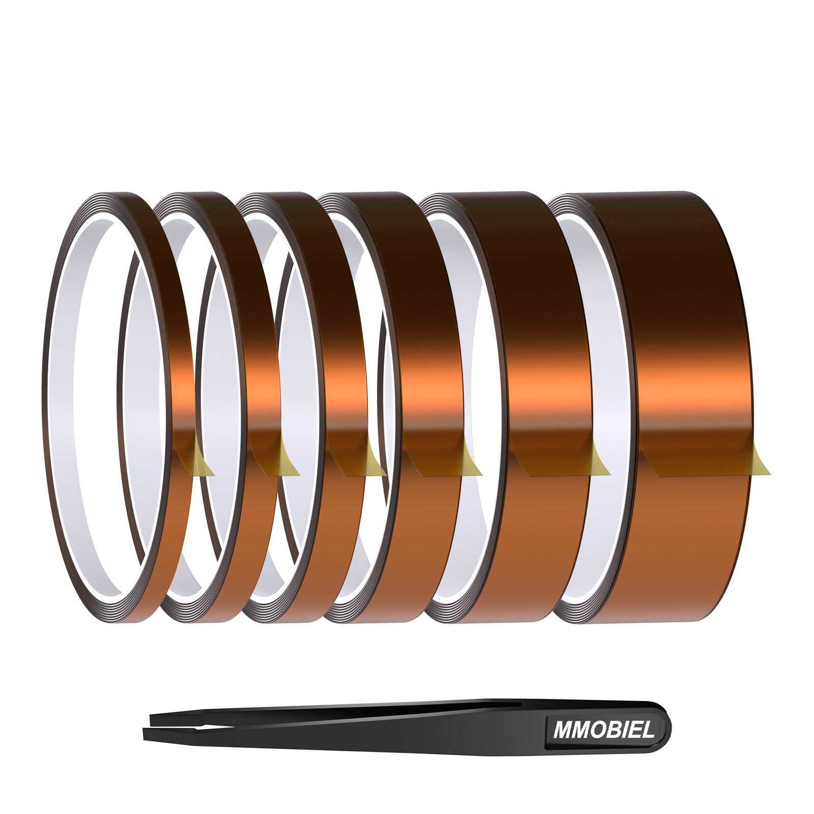 MMOBIEL High Temp Polyimide Tape Set 6 Widths (3mm–25mm) x 30m Each, Kapton Heat Resistant Tape 280°C, Silicone Adhesive, Clean Removal, ESD Tweezer for PCB, Soldering & Sublimation