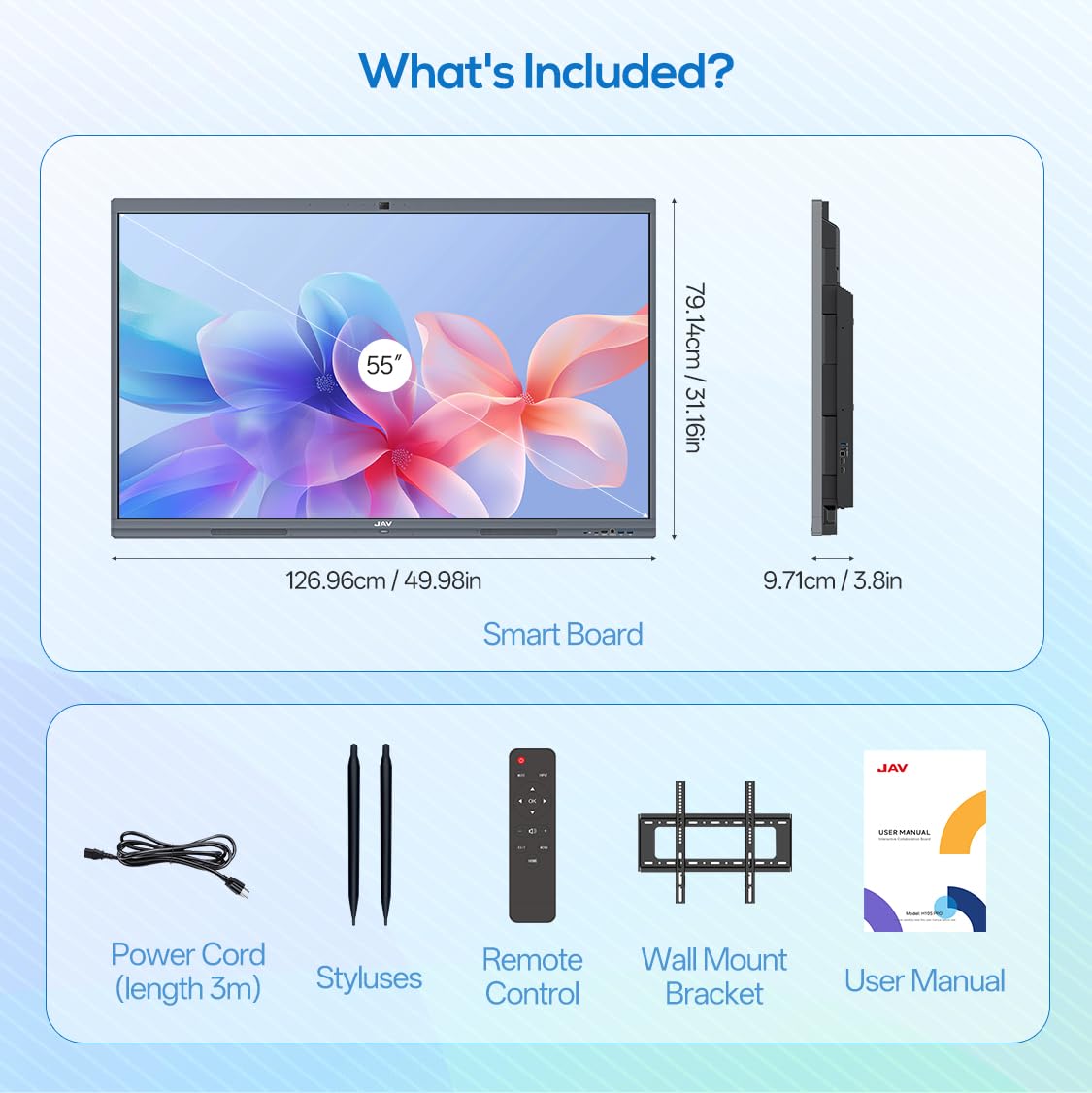 JAV Smart Board 55 Zoll Interaktives Whiteboard 4K UHD Touchscreen Android 14 mit Google EDLA Zertifiziert Digitale Elektronische Whiteboard 8+128GB Eingebaute 48MP Kamera für Büro Schule 9