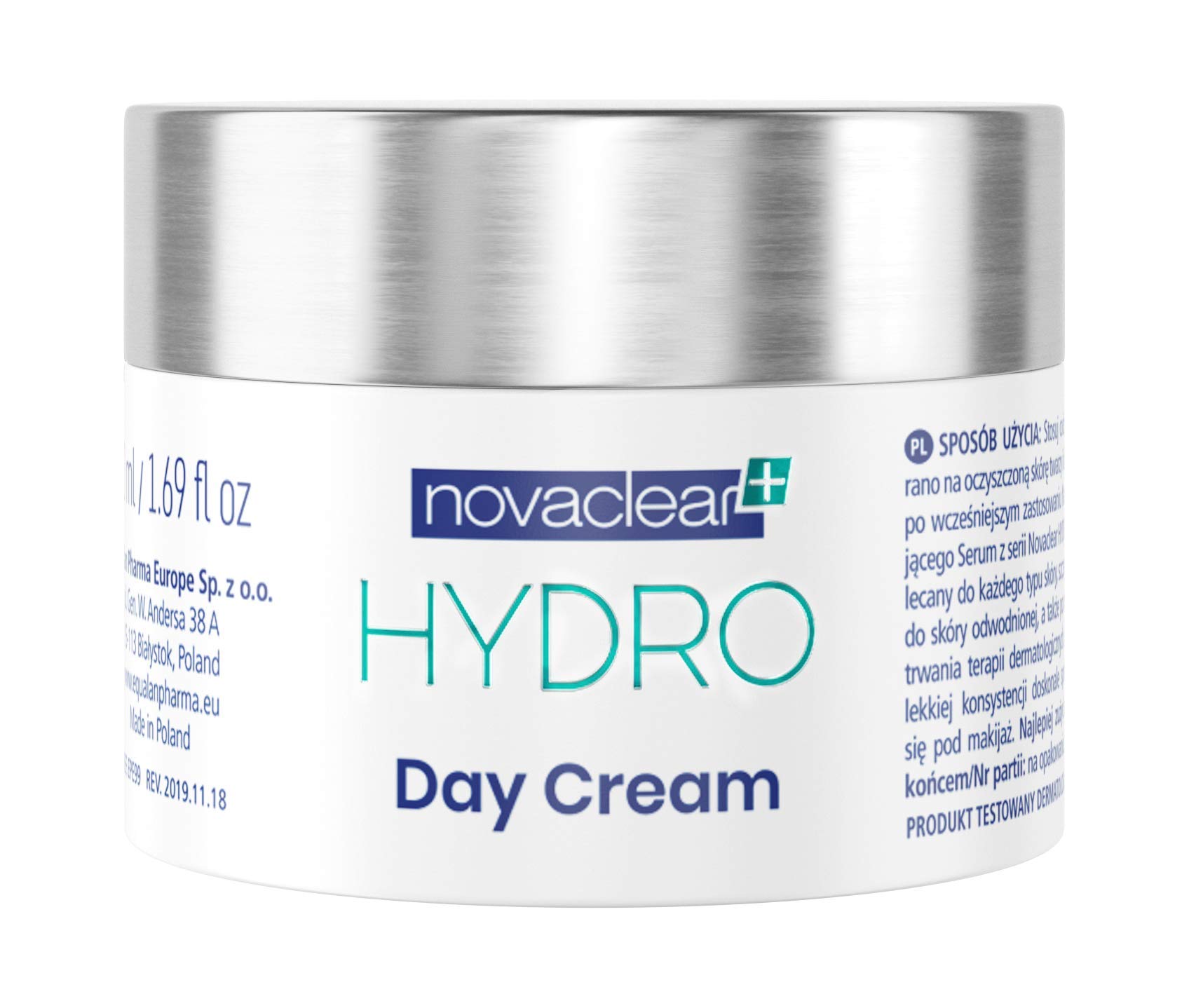 Novaclear Hydro Day Cream Gel for Face with 10% Low and Medium Molecular Hyaluronic Acid, Vitamin E, Rose Hip and Green Tea Extract, 50 ml