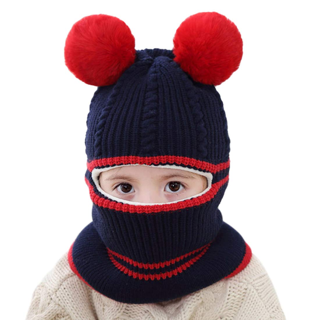XRDSS Unisex Baby Kids Winter Windproof Cap Thick Warm Face Cover Ski Hat (Pom-Navy)