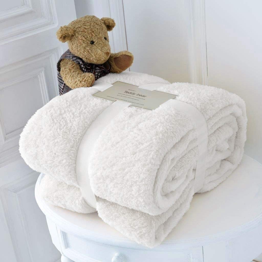 Teddy Fleece Throw Blanket Warm Soft Luxury Cuddly Sofa Bedspread Travel Throw (White, King/Large - 200 X 240cm)