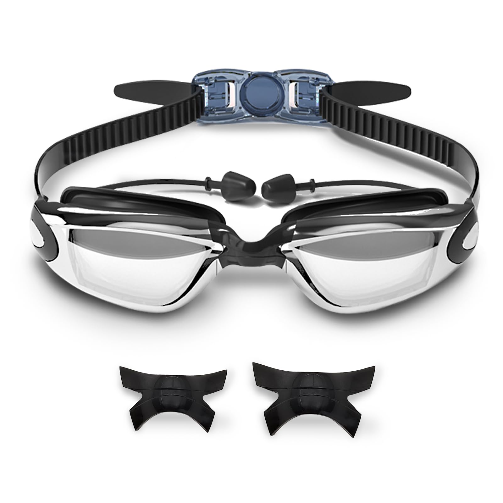 Feelorna Swimming Goggles, Anti-Fog No Leaking Swim Goggles for Adult Men Women UV Protection Adjustable Wide Clear Vision Swimming Goggles with Earplugs and 3 Sizes Replaceable Nose Bridges (Black)