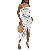 Umenlele Women's Strapless Ruched High Waist Wrap Split Asymmetrical Beach Maxi Long Dress