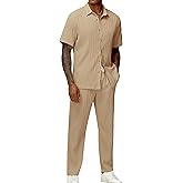 LecGee Men's 2 Piece Vertical Striped Textured Outfits Summer Casual Button Down Shirts And Pants Matching Sets