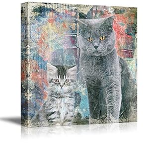 Square Cat Series Canvas Wall Art - A Little Kitty and a Grey Cat on Colorful Grunge Background - Giclee Print Gallery Wrap Modern Home Art Ready to Hang - 12x12 inches