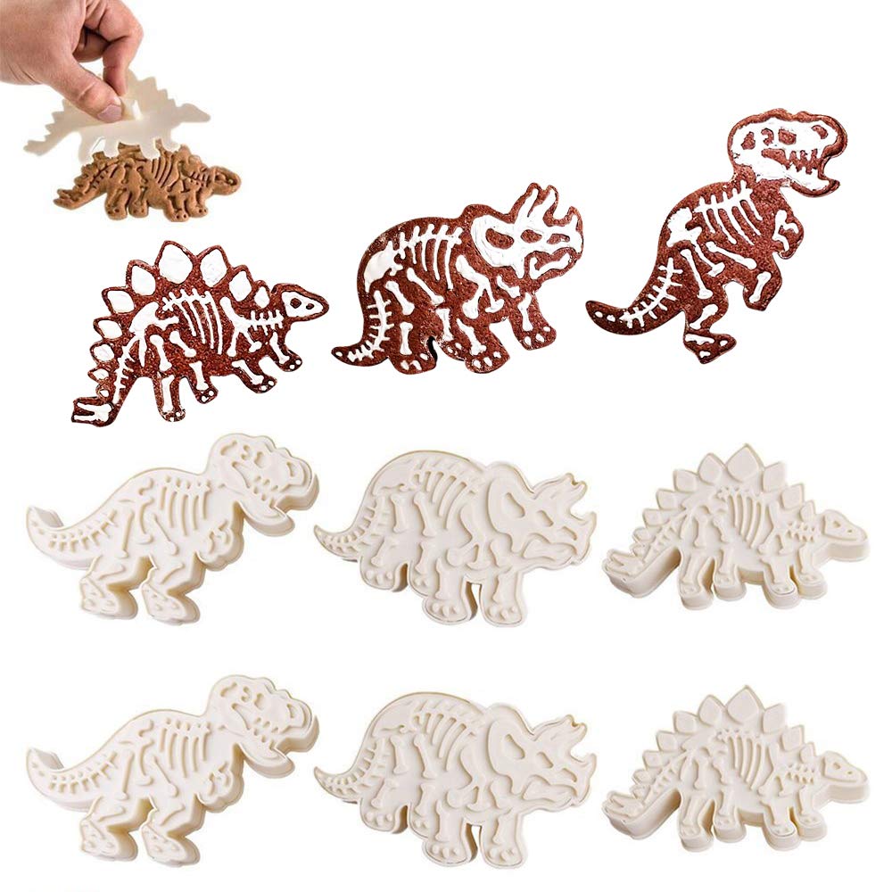6PCS Dinosaur Fossil Cookie Making Molds,Dinosaur Chocolate Biscuit Cutters Stampers Emboss,Dinosaur Fossil Bone Pattern Mold for Fondant Cake Decoration