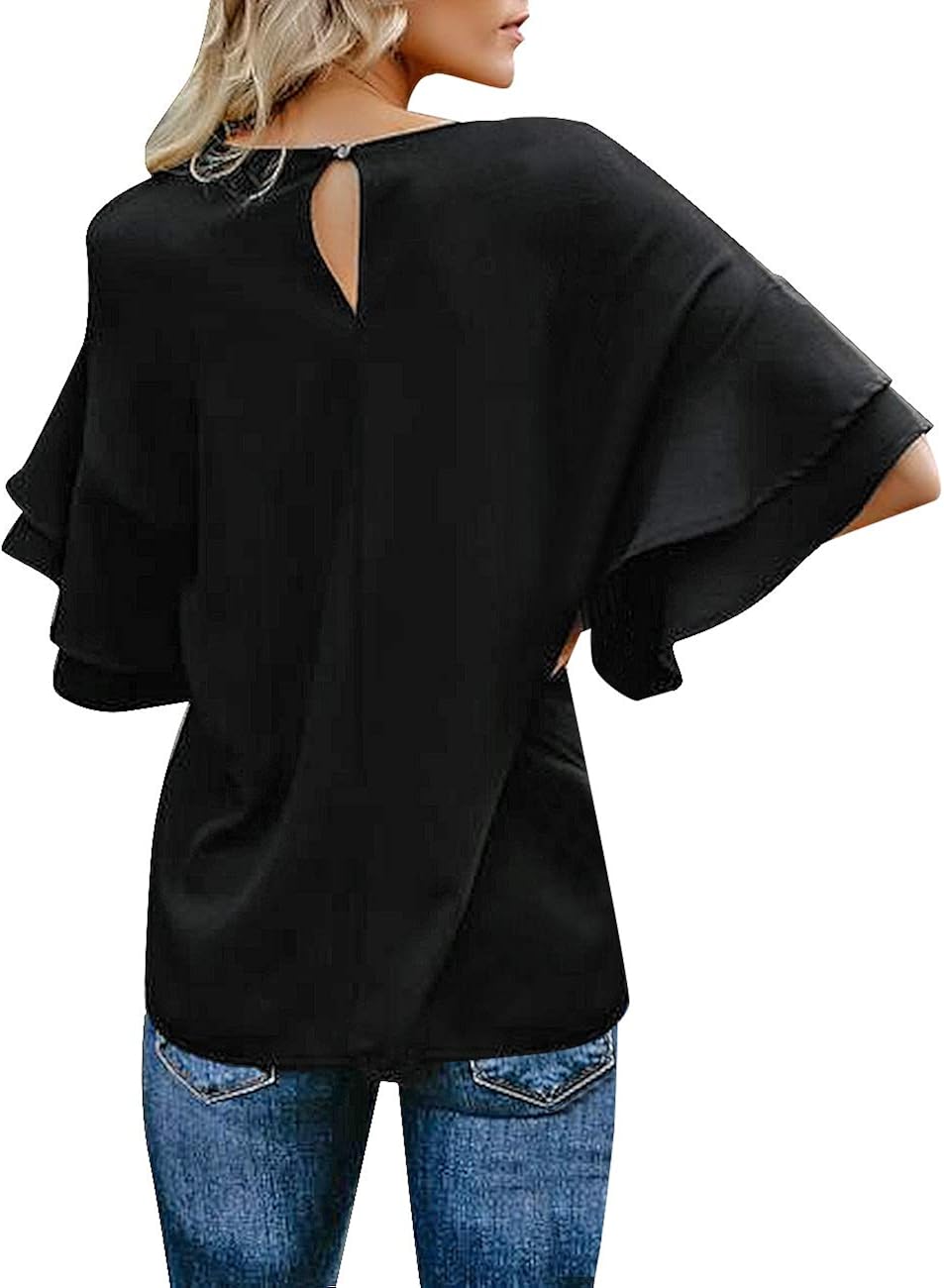 luvamia Women's Casual 3/4 Tiered Bell Sleeve Crewneck Loose Tops Blouses Shirt at  Women’s Clothing store