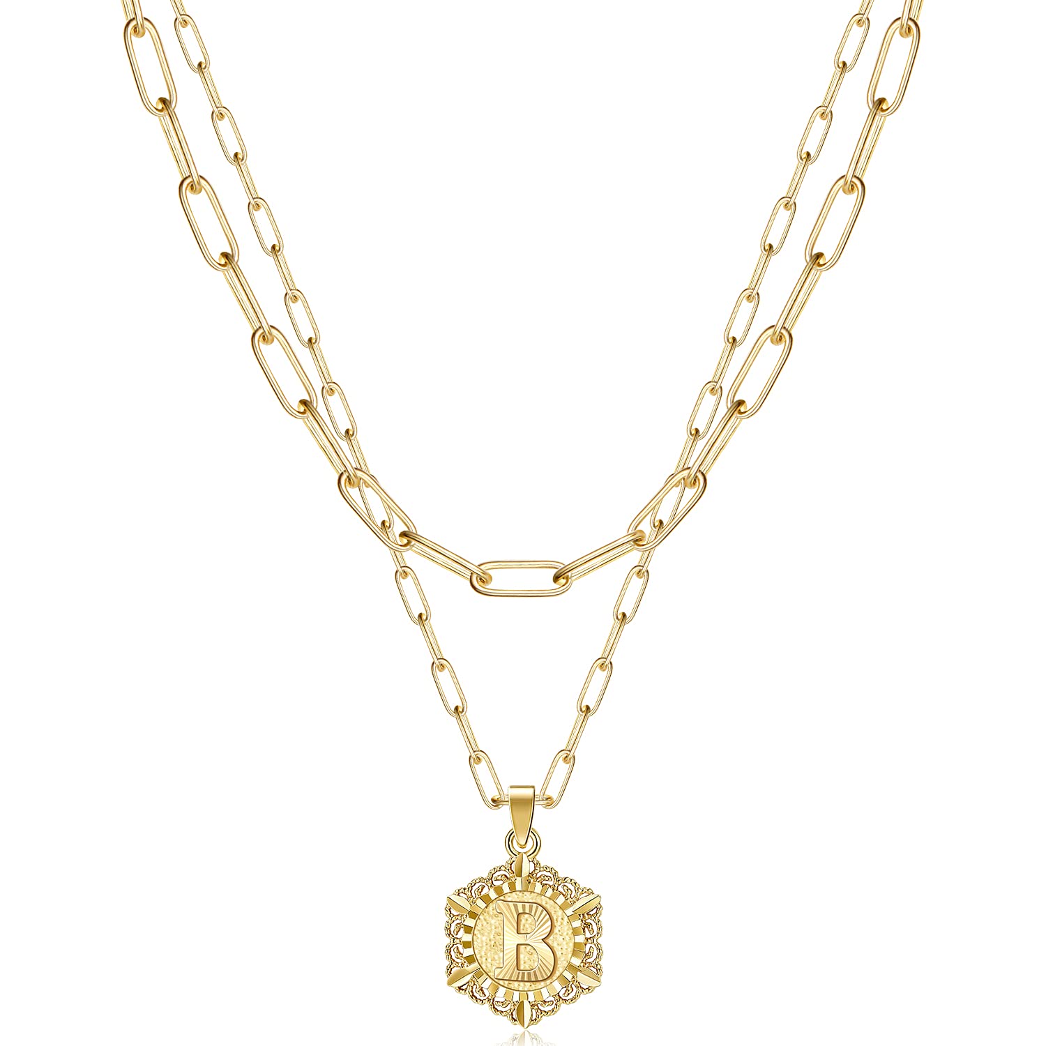 KissYan Initial Necklaces for Women, 14K Gold Plated Hexagon Letter Pendant Silver Chain Dainty Layered White Gold Paperclip Link Adjustable Capital A-Z Choker Necklace Trendy Jewelry Gifts