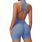 ECUPPER Women Backless Workout Jumpsuits One Piece Sleeveless Gym Rompers Zip Up Tummy Control Scrunch Shorts Yoga Bodysuit