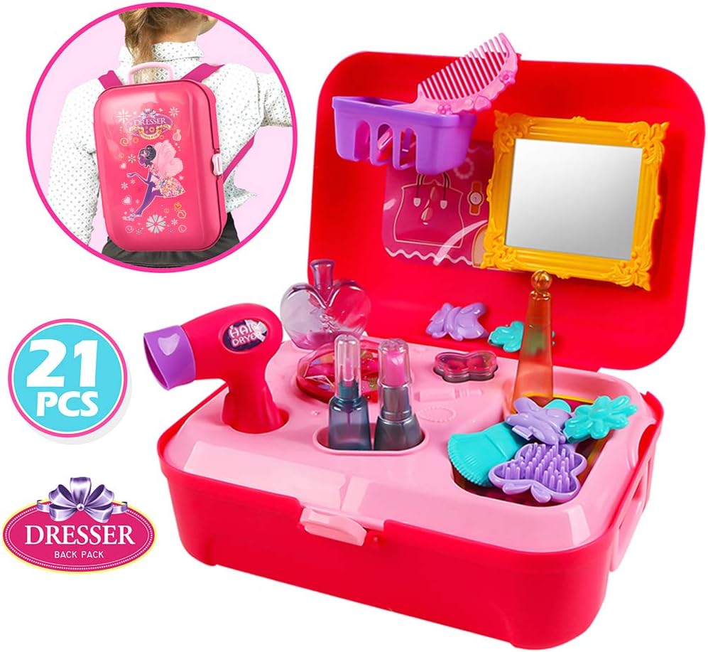 Buyger 21 PCS Plastic Pretend Makeup Toys Princess Role Play Cosmetic Play Set Backpack Fashion Hair Dryer for Kids