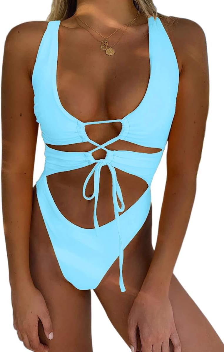 meyeeka womens scoop neck cut out front lace up back high cut monokini one piece swimsuit