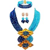 aczuv Fashion African Bead Necklace Nigerian Beads Wedding Jewelry Sets for Women (Blue Plated Lake Blue)