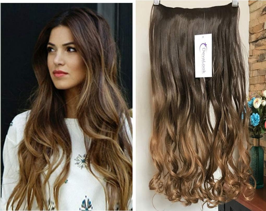 20 Inches Synthetic Full Head Ombre Dip Dyed Loose Curls Wavy Curly Straight Clip-in Hair Extensions (Chocolate brown to honey blonde)
