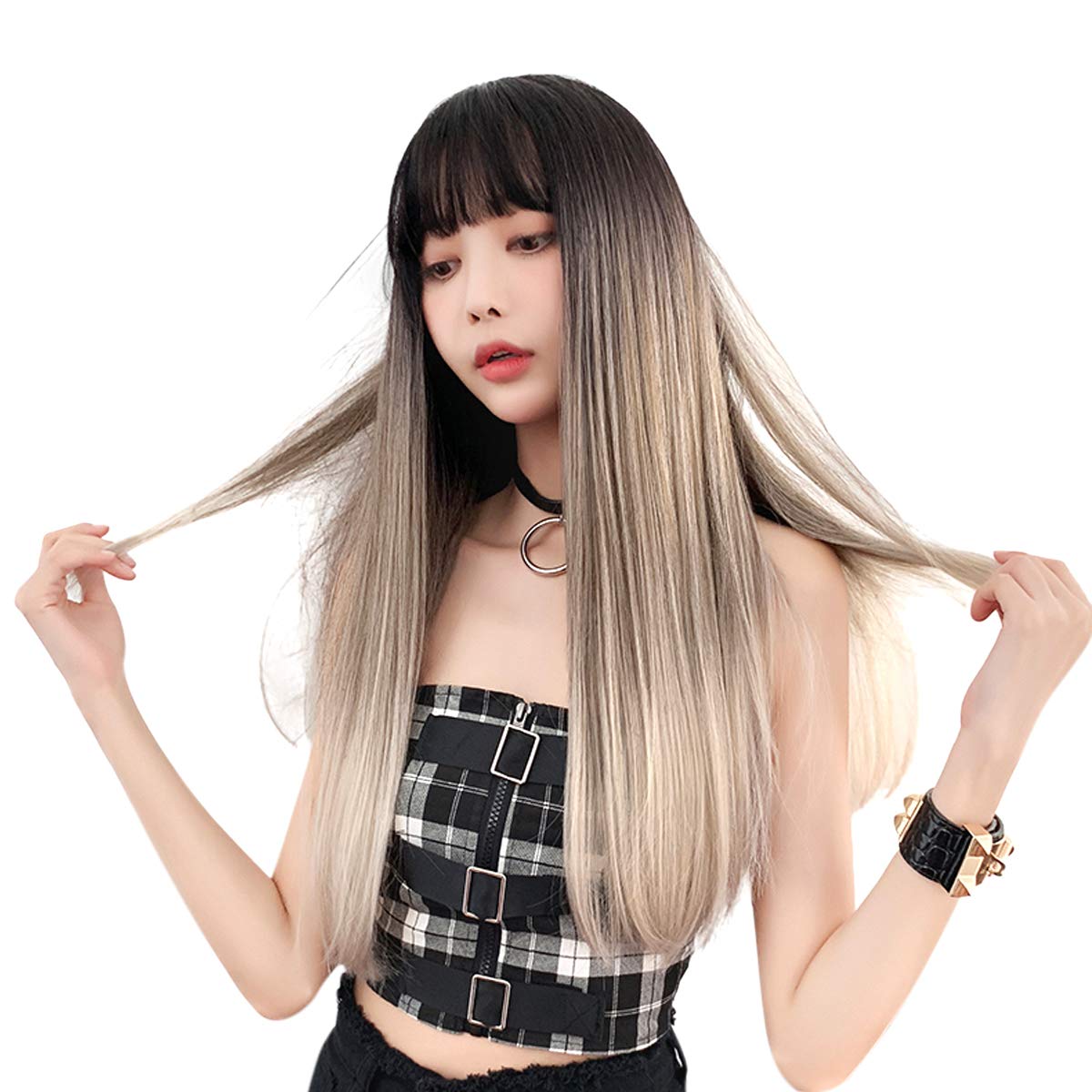 TEEMI-Two Tone Straight Highlights Cosplay Brown Mixed Purple Milk Tea Wigs (Milk Tea)