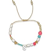 Agriajun Valentines Day Initial Pearl Beaded Adjustable Bracelets for Women, Cute Handmade Gold Clay Beads Friendship Heart Letter Name Bracelet Holiday Beach Jewelry Friend Gift