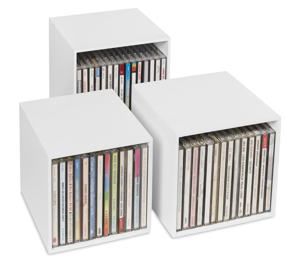 cubix CD Box White, Wooden CD Storage Boxes, 3 CD Boxes for up to 40 CDs. Decorative and attractive design. Stylish CD storage.