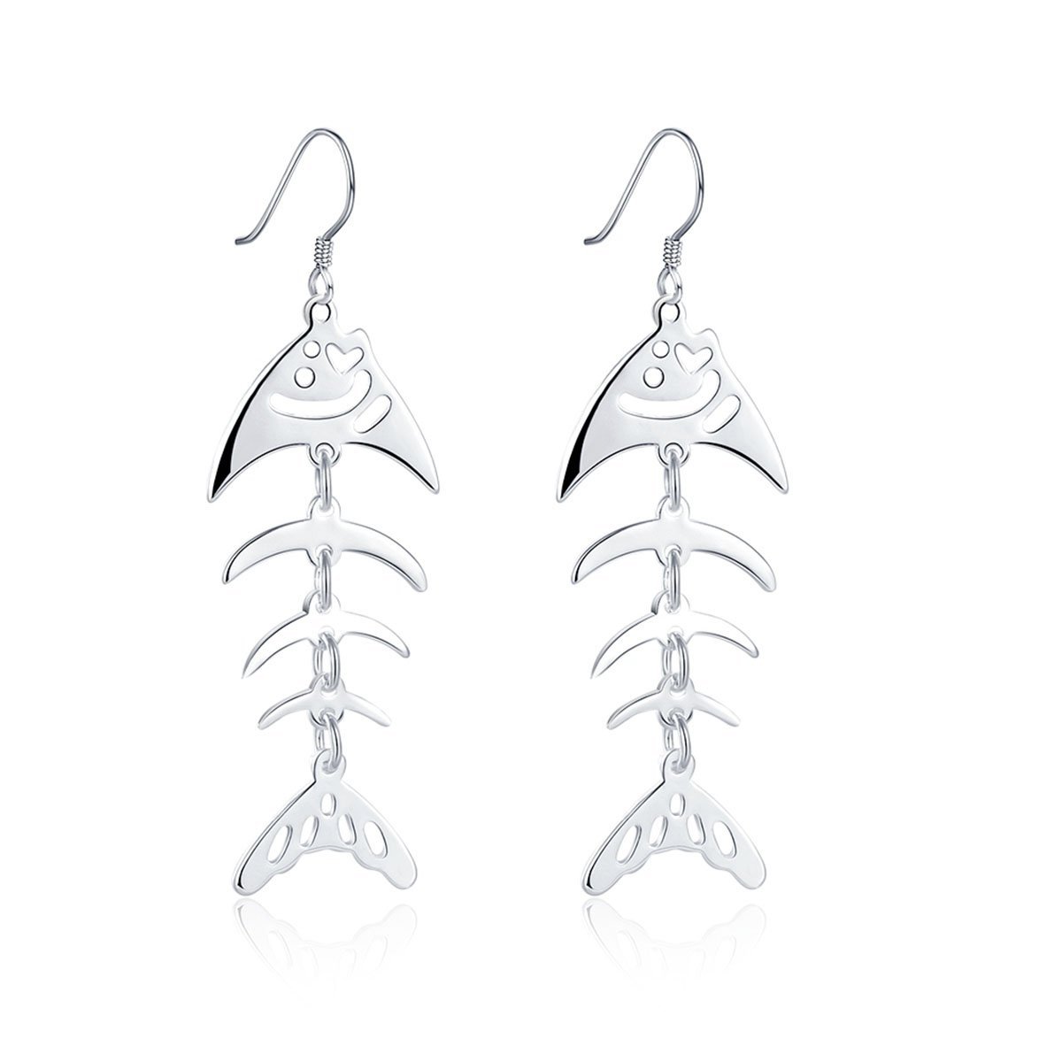 Fishbone Fish Earrings Dangle for Women Girl - Sterling Silver Plated Jewelry Gift