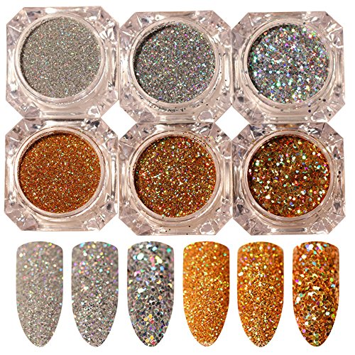 NICOLE DIARY 6Boxes Holographic Laser Flakes Sequins Holo Gold Silver Manicure Nail Art Glitter Paillette
