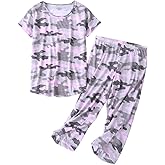 ENJOYNIGHT Womens Pajama Sets Cotton Pj Set Short Sleeve Top With Capri Pants Sleepwear 2 Piece Lounge Set