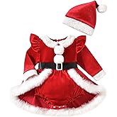 Aiwpstoin Baby Girl Christmas Outfit Fuzzy Trim Velvet Long Sleeve Romper Dress and Santa Hat 2 Piece Set