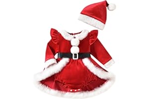 Aiwpstoin Baby Girl Christmas Outfit Fuzzy Trim Velvet Long Sleeve Romper Dress and Santa Hat 2 Piece Set