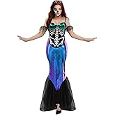 ROC PARTY Women's Midnight Siren Costume – Skeleton Mermaid Halloween Dress with Iridescent Tail & Headband