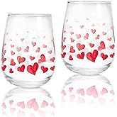 Whaline 2Pcs Valentine's Day Stemless Wine Glasses Clear Drinking Glasses 17oz Red Watercolor Heart Tumbler Cups for Wedding Valentine Party Supplies
