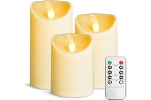 LEOSAN Led Flameless Candles Outdoor Indoor Battery Operated Flickering Candles with Remote Timers Won't Melt Ivory Plastic Dia 3" x H 4" 5" 6" for Halloween, Party, Valentine's Day, Wedding 3 pcs