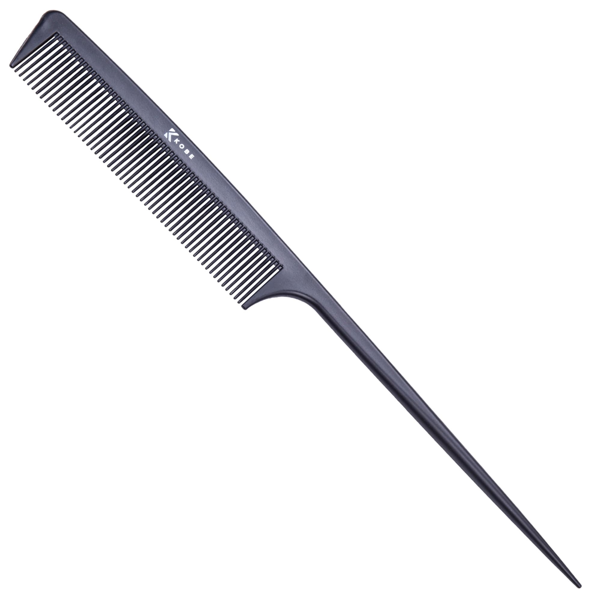 Kobe Professional Carbon Fibre Tail Comb, Fine Teeth Lightweight, Shatter-Proof, Anti-Static and resistant to high temperatures. Back combing, weaving, tinting, perming & styling, 227mm long.