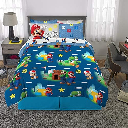 Colorful Super Mario themed bedding set including comforter and sheet.