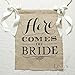 Ling's moment Rustic Theme Wedding Burlap Sign Banner Here Comes The Bride with Ivory Ribbon, 15 x 20 Inches