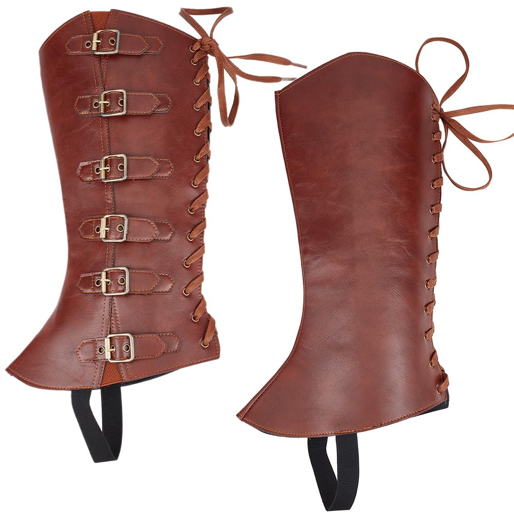 GORGECRAFT 2Pcs Knight Leg Guards Gaiter Steampunk Medieval Boot Covers Imitation Leather Pirate Boot Tops with Buckle Straps Leg Footwear Accessories for Halloween Cosplay Viking Costume Saddle Brown