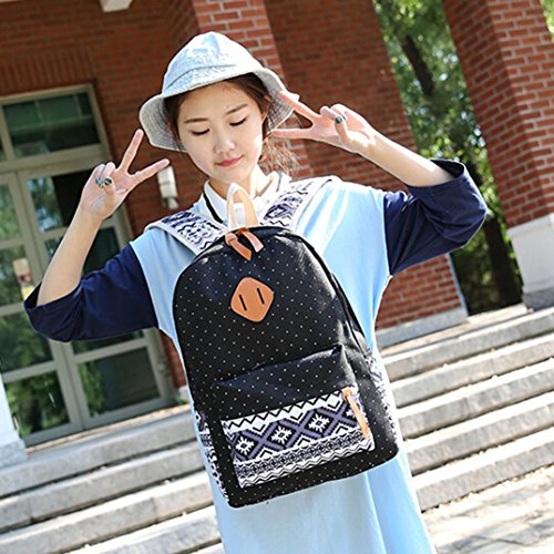Coohole Girl Canvas Shoulder School Bag Backpack+Crossbody Tote Bag+Clutch Purse (Black)