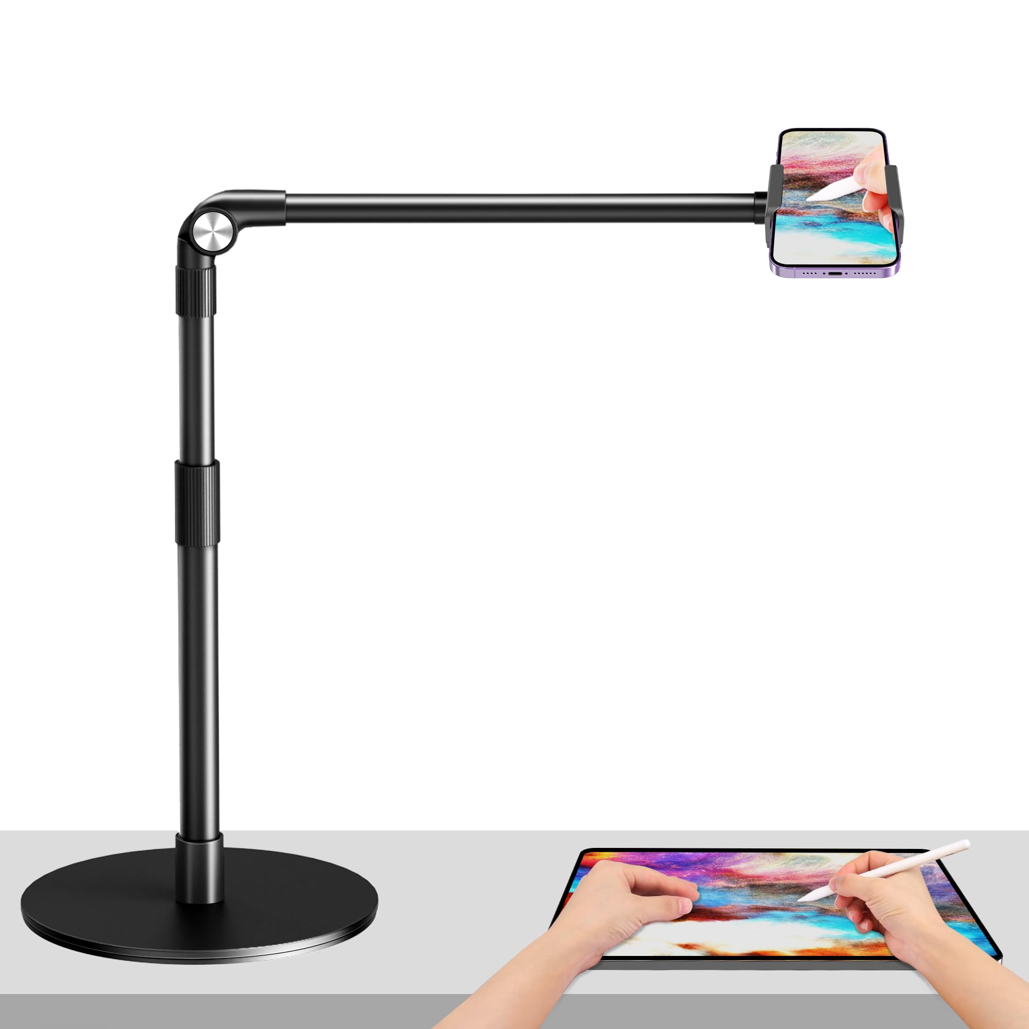 elitehood Overhead Phone Mount, 38cm Long Arm Overhead Tripod with 1.5kg Heavy Base, Adjustable Phone Stand for Filming, Cooking & Crafting, iPhone Stand for Video Recording – Fits All Phones