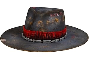 RUEDIGER Retro Wide Brimmed Stiff Fedora Men's and women's Hats,100% Wool Classic Felt Hat,Distressed/Burned Handmade