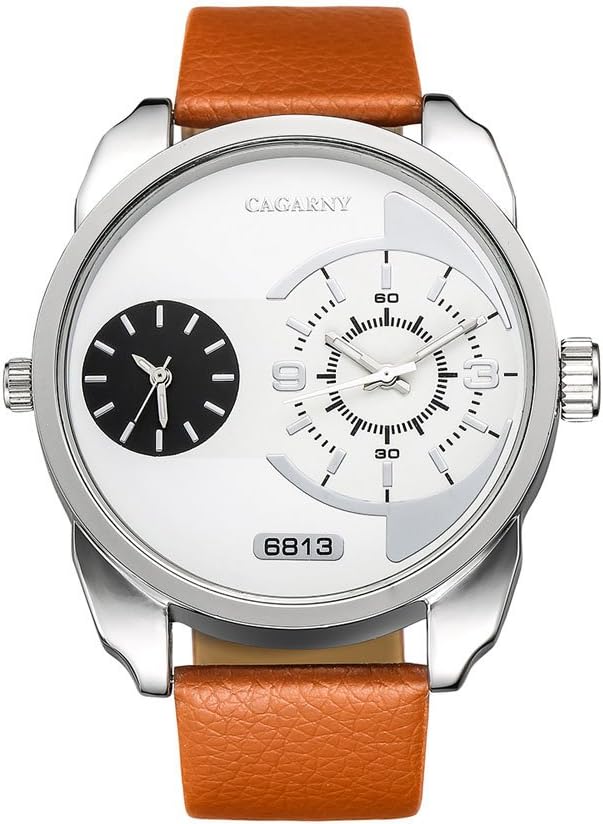 CAGARNY Original Men's Sports Leather Strap 2 dials can Work Quartz Wrist Watch 6813 Brown
