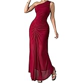 Floerns Women's One Shoulder Mesh Bodycon Maxi Dress Ruched Sleeveless Party Night Out Cocktail Dresses