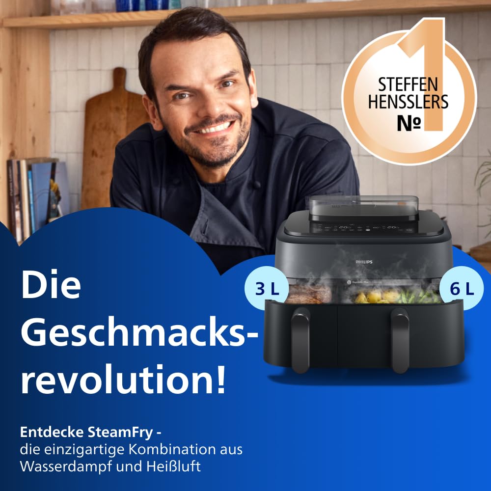 Philips Steam Airfryer 5000 Series Dual Basket Heißluftfritteuse mit Dampfgar-Funktion & 2 Körben – Steam, Airfry, SteamFry, 9L (3L+6L), RapidAir Plus, automatische Dampfreinigung (NA550/00) 2