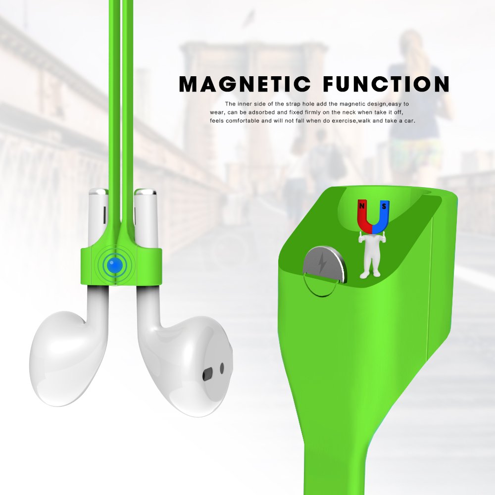 Airpods Strap, MeanLove Silicone Anti-lost Wire Cable Connector with Magnetotherapy for Airpods (Green)