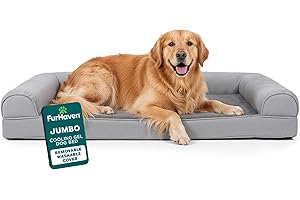 FurHaven Orthopedic Dog Bed for Large Dogs, Sofa-Style with Cooling Gel topper with orthopedic memory foam base for Joint Support, Removable Washable Cover, Jumbo/XL, Plush & Suede, Gray