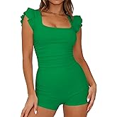 REVETRO Women's Rompers Summer Short Sleeve Sexy Shorts Jumpsuit One Piece Fitted Bodysuit Pajama Set for Gym Yoga