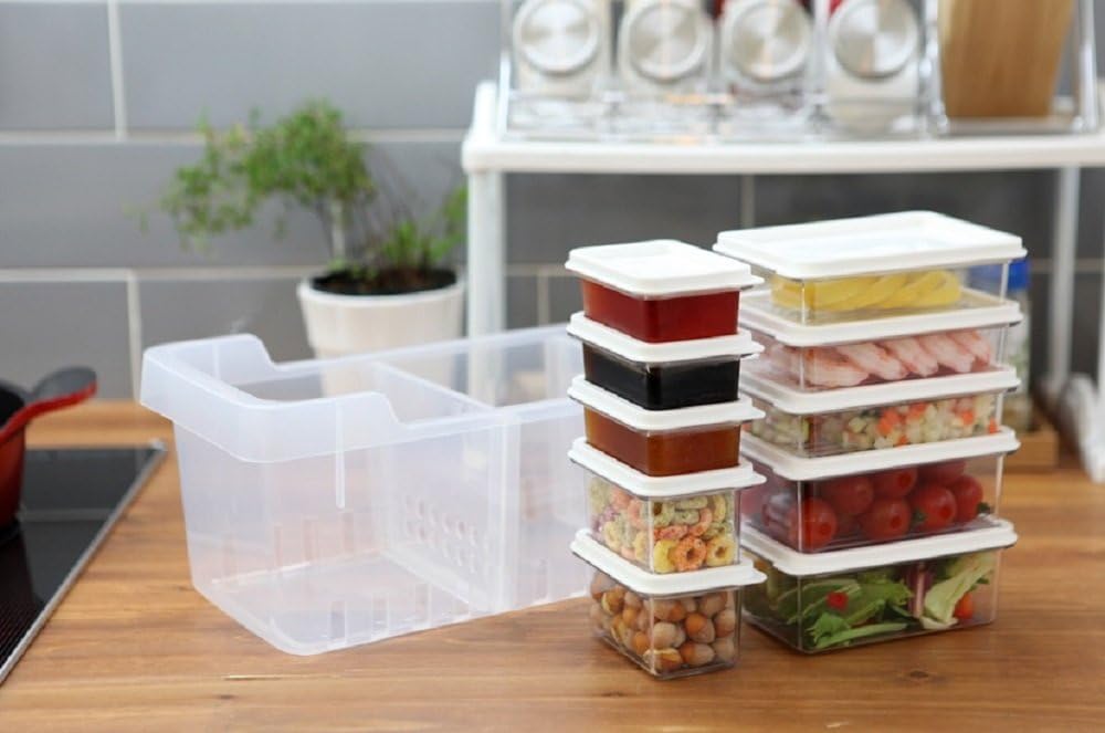 Kitchen Refrigerator Organizer, Fridge and Freezer Storage Trays Large+Food Containers with Lids S1(3P)+S2(2P)+M1(3P)+M2(2P),Set of 11, Translucent