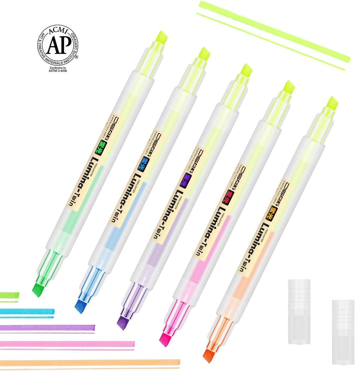 Colored Highlighter Pens, Bowite 5 Highlighters Double Heads Chisel Tips 6 Colors for School, Office, Celebration, Restaurant, Bar
