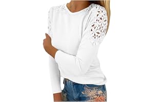 BDPORKAS Womens Casual Tops 2023 Crew Neck Hollow Out Patchwork Long Sleeve T-Shirt Tunic Solid Color Trendy Fitted Blouses