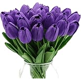 IPOPU Real Touch Purple Tulips 24PCS Artificial Flowers for Decoraion Fake Tulips Purple Flowers Floral Arrangements Faux Tulip Decor for Table Home Decor Baby Shower Centerpieces