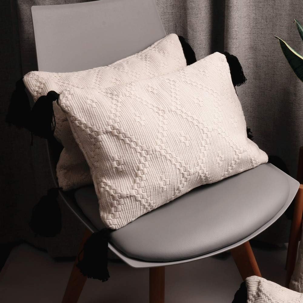 HiiARug White Lumbar Pillow Cover with Tassels, Modern Minimalist Throw Pillow Covers, Fabric Woven Textured Thick Lumbar Throw Pillow Cover for Bedroom/Sofa/Car Invisible Zipper 2-Pack 12 by 18 Inch