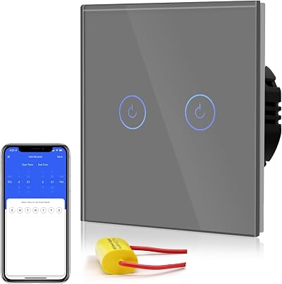 BSEED Smart Light Switch 2 Gang 1 Way Glass Panel without Neutral Gray