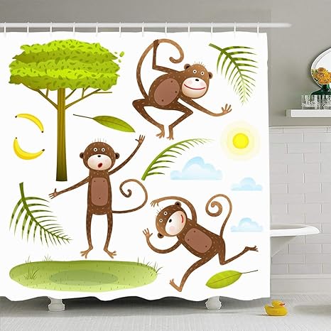 Amazon フック付きシャワーカーテンセット66x72動物おかしいかわいいお友達ツリー葉バナナ太陽動物イラストレーター野生動物自然イラスト防水ポリエステル生地浴室用バス装飾 180x180 Cm シャワーカーテン ホーム キッチン オンライン通販