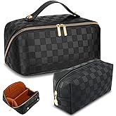Checkered Travel Makeup Bags Cosmetic Organizer Bag: 2-Set Large Capacity Waterproof Makeup Bag - PU Leather Toiletry Bag for Women - Wide Open Portable Pouch with Handle and Divider (BLACK)