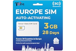 TSIM SIM Card for Europe Travel 28Days Holiday with CallHome & Hotspot Tethering. Auto-Activating. 5G Enabled. Roam in 34 Countries incl Switzerland, Turkey (3GB)